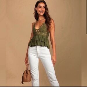 Free People Adella Cami Top NWT XS Olive Green Lace Ruffle Boho Festival Tank